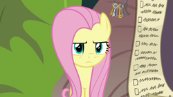 Size: 1920x1080 | Tagged: safe, screencap, fluttershy, pony, g4, she talks to angel, checklist, female, fluttershy is not amused, key, key ring, mare, solo, unamused