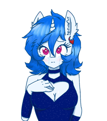Size: 800x900 | Tagged: safe, artist:gempainter32, oc, oc only, oc:diamond nella, unicorn, anthro, anthro oc, blue hair, breasts, cleavage, clothes, crying, dress, ear fluff, ear piercing, earring, female, hand on breasts, heart, heart eyes, ibispaint x, jewelry, looking at you, magenta eyes, nipple outline, piercing, sad, simple background, solo, teary eyes, transparent background, wingding eyes