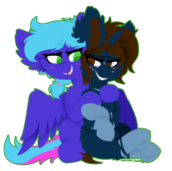 Size: 923x915 | Tagged: safe, artist:vanillaswirl6, oc, oc only, oc:chelsey, oc:cloud, pegasus, pony, unicorn, chibi, commission, duo, female, fluffy, freckles, male, oc x oc, shipping, simple background, straight, transparent background