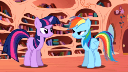 Size: 1920x1080 | Tagged: safe, artist:doctorderpy, rainbow dash, rarity, twilight sparkle, pegasus, pony, unicorn, g4, animated, book, female, golden oaks library, lip bite, pointy ponies, scrunchy face, show accurate, sound, the it crowd, webm, youtube link