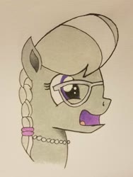 Size: 1536x2048 | Tagged: safe, artist:polar_storm, silver spoon, earth pony, pony, g4, colored sketch, female, filly, glasses, jewelry, necklace, purple eyes, simple background, solo, traditional art, white background