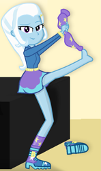 Size: 649x1098 | Tagged: safe, alternate version, artist:grapefruitface1, trixie, equestria girls, g4, clothes, desk, feet, female, half barefoot, shoes removed, show accurate, sitting, sock removal, socks, solo