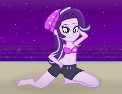 Size: 1024x794 | Tagged: safe, artist:grapefruitface1, starlight glimmer, equestria girls, g4, armpits, barefoot, beach, board shorts, bra, breasts, clothes, feet, female, fixed, hand behind back, hand on hip, happy, looking at you, night, sexy, shorts, show accurate, smiling, smiling at you, stars, sultry pose, tomboy, underwear, updated