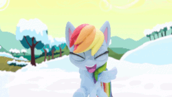 Size: 960x540 | Tagged: safe, screencap, rainbow dash, pegasus, pony, g4.5, my little pony: stop motion short, snowball fight (short), animated, cute, dashabetes, female, gif, how do hooves work?, outdoors, smiling, snow, snowball, solo, stop motion, throwing, wings