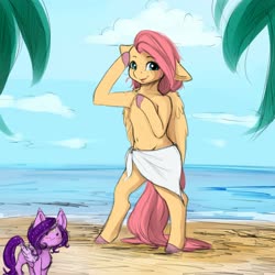 Size: 4000x4000 | Tagged: safe, artist:miokomata, fluttershy, oc, oc:dazzling talents, alicorn, pegasus, pony, semi-anthro, g4, alicorn oc, arm hooves, beach, bipedal, blushing, chest fluff, colored hooves, duo, female, floppy ears, freckles, freckleshy, horn, looking at you, mare, towel, towel around waist