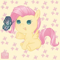 Size: 600x600 | Tagged: safe, artist:vilyann, part of a set, fluttershy, butterfly, pegasus, pony, g4, baby, baby pony, babyshy, blank flank, cute, cutie mark background, female, filly, filly fluttershy, shyabetes, solo, weapons-grade cute, younger