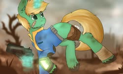 Size: 1200x720 | Tagged: safe, artist:almond evergrow, oc, oc only, pony, unicorn, fallout equestria, bandage, clothes, fallout, galloping, jumpsuit, magic, male, pipbuck, random character, stallion, telekinesis, vault suit, wasteland