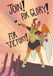 Size: 3010x4345 | Tagged: safe, artist:miniferu, artist:t72b, oc, oc only, oc:eleftheria, pegasus, anthro, armor, breasts, female, poster, solo, sword, weapon, welcum to pornyville