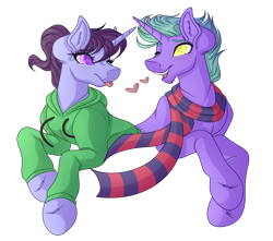 Size: 3296x2920 | Tagged: safe, artist:amazing-artsong, oc, oc only, oc:aveon, oc:lilac, pony, unicorn, clothes, female, high res, hoodie, male, mare, prone, scarf, simple background, stallion, transparent background