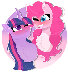 Size: 4700x5000 | Tagged: safe, artist:tomboygirl45, pinkie pie, twilight sparkle, pony, g4, absurd resolution, blushing, chest fluff, curved horn, cute, diapinkes, ear fluff, female, horn, lesbian, one eye closed, ship:twinkie, shipping, twiabetes