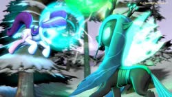 Size: 1280x720 | Tagged: safe, artist:xvclumsybusponevx, queen chrysalis, starlight glimmer, pony, unicorn, g4, 3d, angry, badass, fight, glowing horn, horn, magic, snow, starlight vs chrysalis