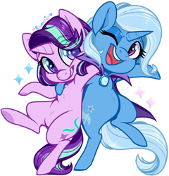 Size: 648x676 | Tagged: safe, artist:esmeia, starlight glimmer, trixie, pony, unicorn, g4, bipedal, colored pupils, cute, diatrixes, duo, eye clipping through hair, glimmerbetes, one eye closed, open mouth, simple background, smiling, sparkles, transparent background, wink