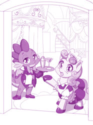 Size: 954x1280 | Tagged: safe, artist:dstears, seven seas, spike, sweetie belle, dragon, pony, unicorn, g4, my little pony: the manga, alcohol, bowtie, carousel boutique, clothes, cute, duo, female, filly, looking at you, maid, male, martini, monochrome, purple, shoes, tuxedo, winged spike, wings