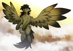 Size: 1280x897 | Tagged: safe, artist:inkbleederwolf, oc, oc only, oc:jeena, pegasus, pony, cloud, floppy ears, fluffy, flying, sky background, solo, spread wings, wings