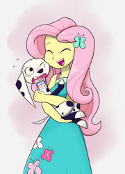 Size: 900x1247 | Tagged: safe, artist:mew-me, fluttershy, dalmatian, dog, equestria girls, g4, 101 dalmatian street, 101 dalmatians, butterfly hairpin, clothes, crossover, cute, dolly (101 dalmatian street), dress, female, happy, meeting, shyabetes, smiling