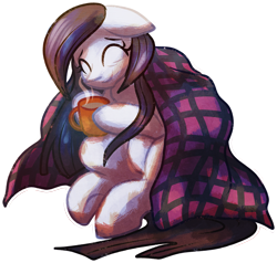 Size: 3021x2874 | Tagged: safe, artist:tiothebeetle, oc, oc only, earth pony, pony, series:random gifting is magic, blanket, coffee, earth pony oc, female, high res, long hair, mug, present, simple background, smiling, solo, steam, transparent background, wrapped up
