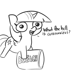 Size: 2250x2250 | Tagged: safe, artist:tjpones, part of a set, twilight sparkle, alicorn, pony, sparkles! the wonder horse!, g4, bleach, coronavirus, covid-19, dialogue, female, grayscale, high res, mare, monochrome, simple background, solo, twilight sparkle (alicorn), white background