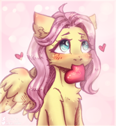 Size: 1176x1280 | Tagged: safe, artist:zefirka, fluttershy, pegasus, pony, blushing, chest fluff, cute, daaaaaaaaaaaw, ear fluff, female, heart, hnnng, i love you, mare, mouth hold, shyabetes, solo, weapons-grade cute