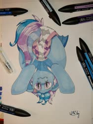 Size: 3024x4032 | Tagged: safe, artist:wittleskaj, oc, oc:astral flare, bat pony, bat pony oc, bat wings, diaper, female, filly, foal, from below, looking at you, looking back, looking back at you, promarker, pullup (diaper), traditional art, wings