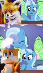 Size: 607x1024 | Tagged: safe, edit, edited screencap, screencap, trixie, fox, pony, unicorn, all bottled up, g4, female, male, mare, meme, miles "tails" prower, sonic movie 2020, sonic the hedgehog, sonic the hedgehog (series), stoned fox, taxidermy, trixie fixing meme