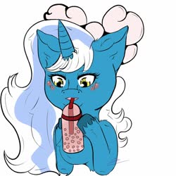 Size: 1280x1280 | Tagged: safe, artist:baikouchou, oc, oc only, oc:fleurbelle, alicorn, pony, alicorn oc, blushing, bow, drink, drinking, drinking straw, female, hair bow, hoof hold, horn, mare, misleading thumbnail, simple background, solo, white background, yellow eyes
