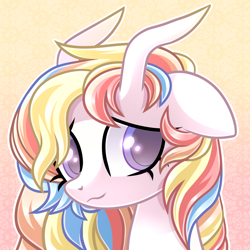 Size: 1000x1000 | Tagged: safe, artist:iheartjapan789, oc, oc:rainbow dreams, pegasus, pony, bust, female, hair over one eye, horn, simple background, yellow background
