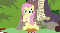 Size: 1920x1080 | Tagged: safe, screencap, fluttershy, pony, g4, she talks to angel, checklist, female, mare, sitting, solo, stool