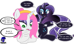 Size: 7680x4569 | Tagged: safe, artist:damlanil, nightmare rarity, rarity, oc, oc:léa, latex pony, pony, unicorn, g4, blushing, bondage, comic, cute, dialogue, encasement, fangs, female, frog (hoof), glowing mane, happy, hoofbutt, horn, human to pony, kinky, latex, living latex, living suit, makeup, mare, possession, raised hoof, scared, shiny, show accurate, simple background, symbiote, teeth, tight, transformation, transparent background, underhoof