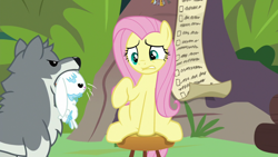Size: 1920x1080 | Tagged: safe, screencap, angel bunny, fluttershy, sandra, pony, wolf, g4, she talks to angel, checklist, drool, female, male, mare, mouth hold, raised hoof, sitting