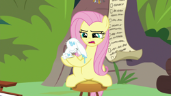 Size: 1920x1080 | Tagged: safe, screencap, angel bunny, fluttershy, pony, rabbit, g4, she talks to angel, animal, annoyed, checklist, drool, duo, female, male, mare, sitting