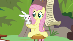 Size: 1920x1080 | Tagged: safe, screencap, angel bunny, fluttershy, pony, g4, she talks to angel, angry, checklist, duo, female, mare, sitting
