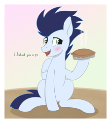 Size: 1910x2123 | Tagged: safe, artist:dyonys, soarin', pegasus, pony, g4, blushing, cute, dialogue, food, male, pie, sitting, soarinbetes, solo, stallion, that pony sure does love pies