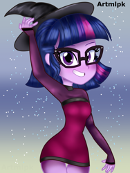 Size: 1536x2048 | Tagged: safe, artist:artmlpk, sci-twi, twilight sparkle, equestria girls, g4, adorasexy, adorkable, alternate hairstyle, blushing, clothes, costume, cute, dork, female, halloween, halloween costume, hat, holiday, looking at you, minidress, sexy, short hair, smiling at you, solo, thigh gap, twiabetes, witch, witch costume, witch hat