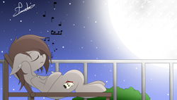 Size: 3840x2180 | Tagged: safe, artist:francis-márt, oc, oc only, earth pony, pony, earbuds, fence, high res, moon, music notes, night, solo, stars