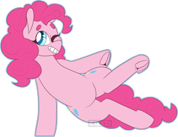Size: 2258x1743 | Tagged: safe, artist:liefsong, pinkie pie, earth pony, pony, g4, beanbrows, eyebrows, female, frog (hoof), grin, one eye closed, simple background, smiling, smiling at you, solo, transparent background, underhoof, wink, winking at you