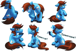 Size: 1414x950 | Tagged: safe, artist:tiothebeetle, oc, oc only, earth pony, pony, :p, blue, brown mane, commission, cute, cutie mark, eenope, eeyup, emotions, expressions, eyup, facial expressions, glass, glasses, green eyes, male, nodding, raised hoof, sad, shadow, shaking hoof, shine, shy, simple background, solo, tail between legs, text, thinking, thonk, tongue out, transparent background, unshorn fetlocks