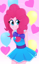 Size: 2084x3386 | Tagged: safe, artist:xan-gelx, pinkie pie, equestria girls, g4, arm behind back, balloon, bow, clothes, commission, commissioner:imperfectxiii, cute, diapinkes, hair bow, heart, heart balloon, high res, looking at you, skirt, smiling, solo