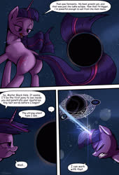Size: 1920x2816 | Tagged: safe, artist:shieltar, part of a set, twilight sparkle, pony, unicorn, comic:giant twilight, g4, black hole, butt, comic, cute, dialogue, female, giant pony, giantess, glowing horn, horn, jewelry, macro, magic, magic circle, mare, necklace, part of a series, plot, pony bigger than a planet, pony bigger than a solar system, pony bigger than a star, signature, size difference, solo, space, stars, twiabetes