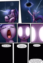 Size: 1920x2816 | Tagged: safe, artist:shieltar, part of a set, twilight sparkle, pony, unicorn, comic:giant twilight, g4, black hole, comic, female, giant pony, giantess, glowing eyes, glowing horn, horn, jewelry, macro, magic, magic circle, mare, necklace, open mouth, part of a series, pony bigger than a planet, pony bigger than a solar system, pony bigger than a star, rage, signature, size difference, solo, space, stars, unicorn twilight, uvula