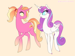 Size: 2048x1536 | Tagged: safe, artist:bunniiibabe, luster dawn, princess flurry heart, alicorn, pony, unicorn, g4, the last problem, duo, female, grin, looking at each other, mare, older, older flurry heart, ponytail, raised hoof, smiling