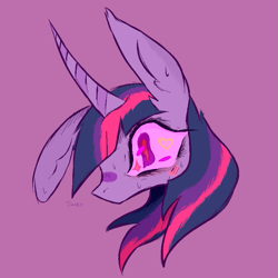 Size: 677x677 | Tagged: safe, artist:php163, twilight sparkle, pony, unicorn, g4, big ears, big eyes, colored, colored sketch, digital art, ear fluff, eye lashes, female, head shot, lazy background, long ears, mare, messy, messy lines, messy mane, no mouth, paint tool sai, purple background, simple background, sketch, solo, stylized, sweat, sweatdrop, twilight snapple, unicorn twilight