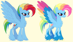 Size: 901x526 | Tagged: safe, artist:froggers1995, rainbow dash, pegasus, pony, g4, cheek fluff, chest fluff, coat markings, colored wings, concave belly, cool, female, g5 concept leak style, g5 concept leaks, hoof fluff, hooves, mare, multicolored wings, rainbow dash (g5 concept leak), rainbow wings, redesign, simple background, slender, solo, spread wings, thin, unshorn fetlocks, wings