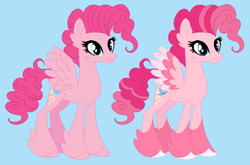 Size: 762x504 | Tagged: safe, artist:froggers1995, pinkie pie, pegasus, pony, g4, coat markings, concave belly, feathered fetlocks, female, g5 concept leak style, g5 concept leaks, hooves, mare, pegasus pinkie pie, pinkie pie (g5 concept leak), race swap, redesign, simple background, slender, small wings, socks (coat markings), solo, spread wings, thin, unshorn fetlocks, wings