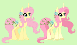 Size: 1014x596 | Tagged: safe, artist:froggers1995, fluttershy, pony, unicorn, g4, cloven hooves, coat markings, concave belly, curved horn, female, flower, flower in hair, fluttershy (g5 concept leak), g5 concept leak style, g5 concept leaks, hoof fluff, hooves, horn, long mane, long tail, mare, redesign, simple background, slender, socks (coat markings), solo, tail, thin, unicorn fluttershy, unshorn fetlocks, vine