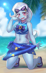 Size: 2200x3500 | Tagged: safe, artist:tzc, trixie, equestria girls, equestria girls series, forgotten friendship, g4, adorasexy, anime, beach, belly button, blushing, clothes, cute, diatrixes, feet, female, high res, kneeling, looking at you, midriff, ocean, open mouth, sand, sandals, sarong, see-through, sexy, solo, sunglasses, swimsuit