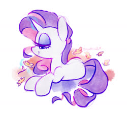 Size: 1425x1302 | Tagged: safe, artist:dawnfire, rarity, pony, unicorn, g4, colored pupils, cute, female, flower, lidded eyes, mare, profile, prone, raribetes, smiling, solo