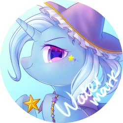 Size: 1024x1024 | Tagged: safe, artist:leafywind, trixie, pony, g4, bracelet, bust, button, cute, diatrixes, ear fluff, female, jewelry, looking at you, mare, portrait, profile, simple background, solo, starry eyes, stars, watermark, white background, wingding eyes
