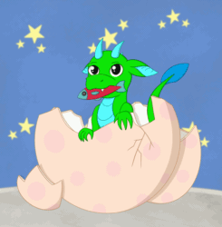 Size: 1756x1791 | Tagged: safe, artist:dyonys, oc, oc:fridis, dragon, fish, animated, baby, baby dragon, cute, egg shells, fangs, hatching, plushie, solo, tail wag, toy