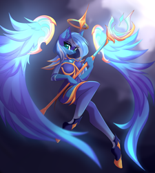 Size: 3909x4338 | Tagged: safe, artist:airiniblock, oc, oc only, oc:vivid tone, pegasus, anthro, unguligrade anthro, absurd resolution, anthro oc, clothes, commission, female, floating wings, league of legends, looking at you, mare, not luna, scepter, smiling, solo, soraka, staff, wand, wings