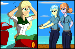 Size: 4380x2851 | Tagged: safe, artist:physicrodrigo, part of a set, applejack, copper top, misty fly, bird, mermaid, series:equestria mermaids, equestria girls, g4, 2 panel comic, arm behind head, breasts, busty applejack, clothes, cloud, disappearing clothes, equestria girls-ified, female, freckles, frown, gun, handgun, hands on head, hatless, high res, implied pinkie pie, looking at each other, loose hair, mermaidized, midriff, missing accessory, moped, ocean, open mouth, part of a series, pier, pistol, police, police officer, species swap, story included, torn clothes, trio, trio female, weapon, worried